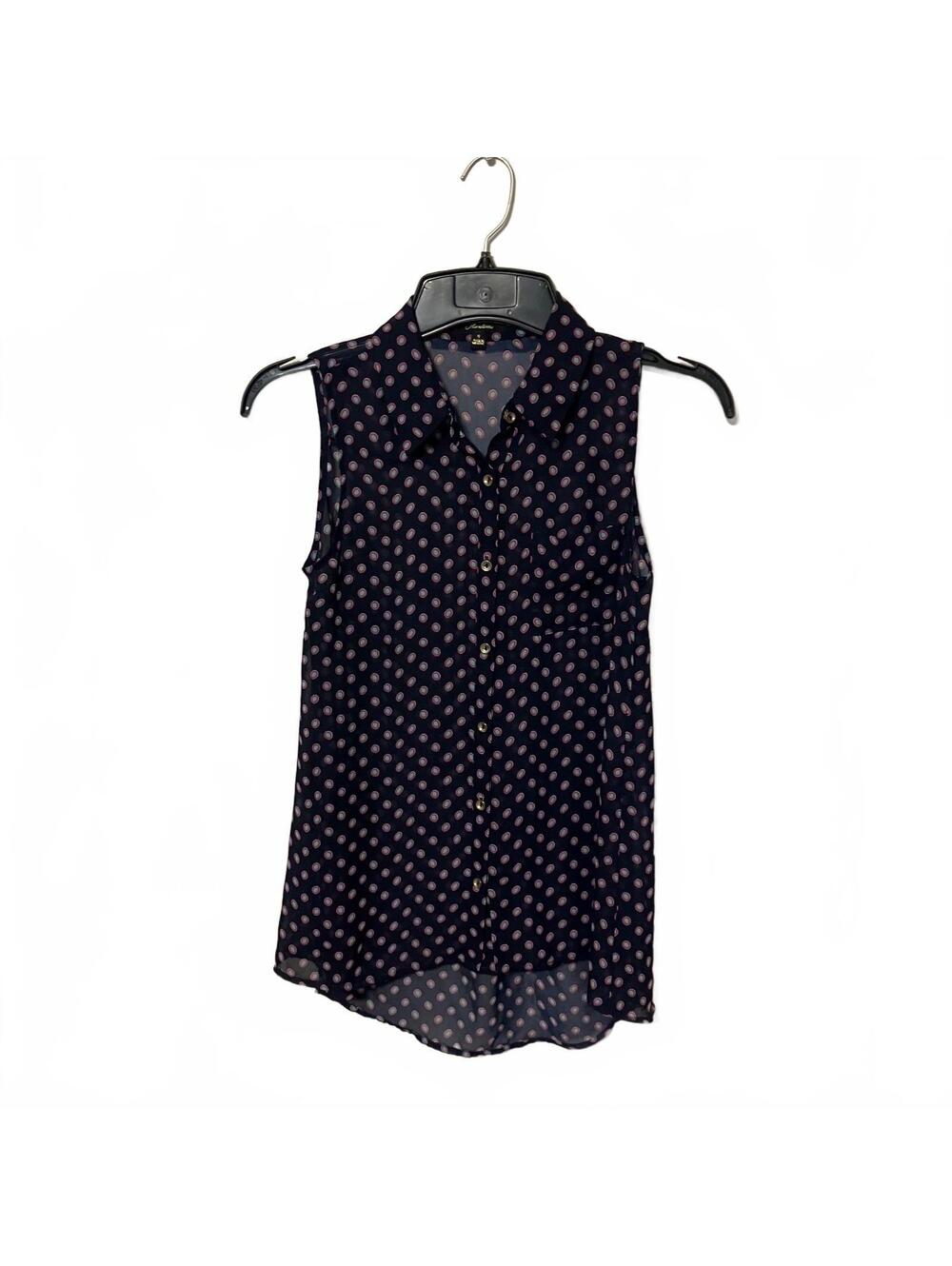 Monteau Sleeveless Sheer Navy Blue Twee Indie-Pop Polka Dot Blouse Size Small